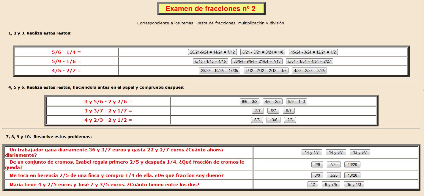 Examen de fracciones nº 2 | Recurso educativo 38006